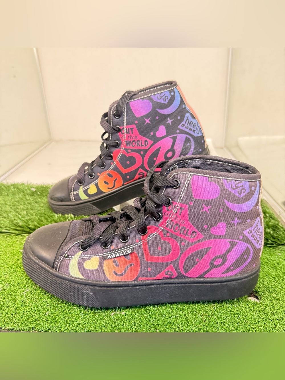 Heelys Black High-Top Sneakers with Rainbow Heart Graphics